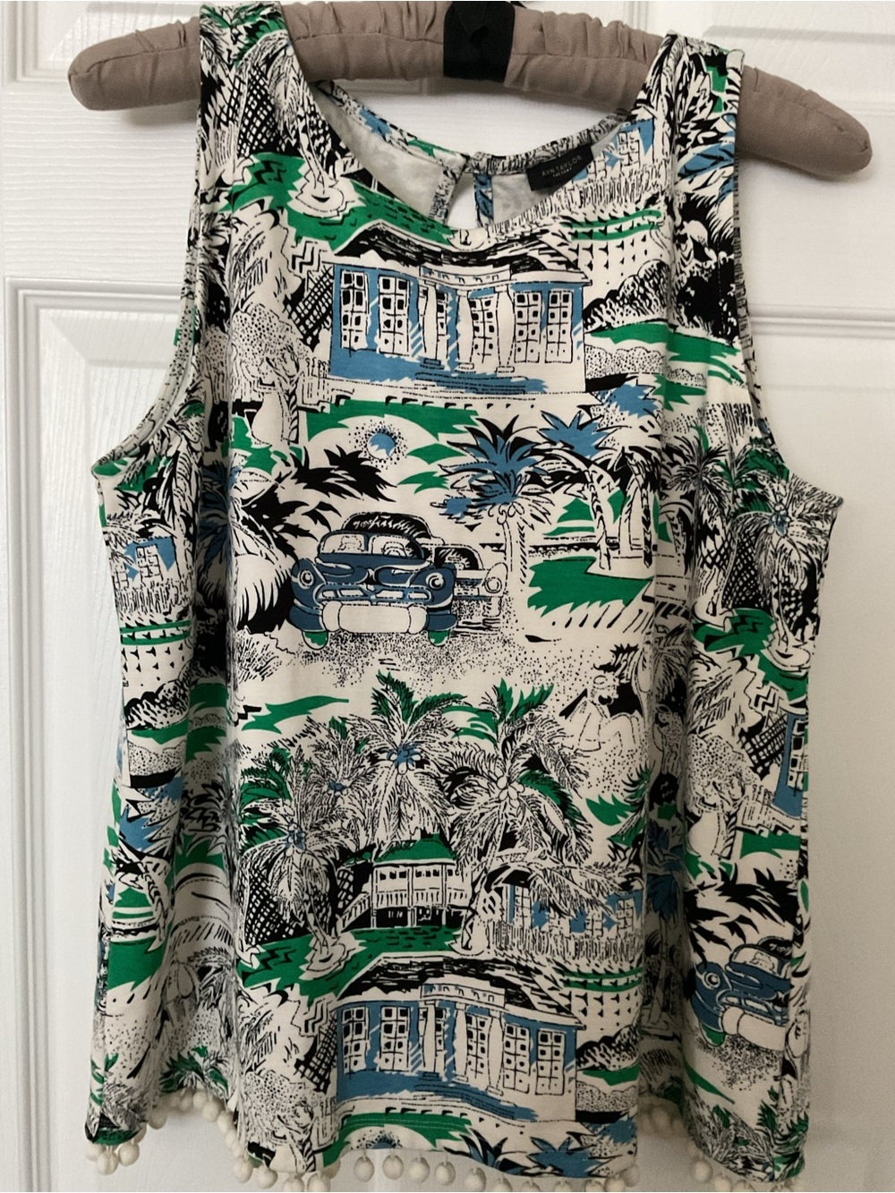 Ann Taylor Green, Blue & Black Scenic Tropical Print Pom-Pom Tank